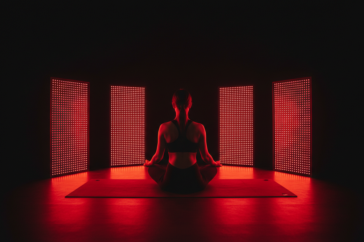 A woman sitting in a relaxed yoga pose on a mat, viewed from behind, centered in the frame. She is surrounded by four tall vertical red light therapy panels forming a semicircle around her, each panel filled with glowing red LED dots. Dark black background, only the red lights illuminating the scene, strong contrast, cinematic lighting, high resolution, wide angle, 16:9 aspect ratio.